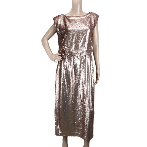 New Ryegrass Women's Rose Gold Sleeveless Padded Sequin Midi Dress Size M - Picture 3 of 8
